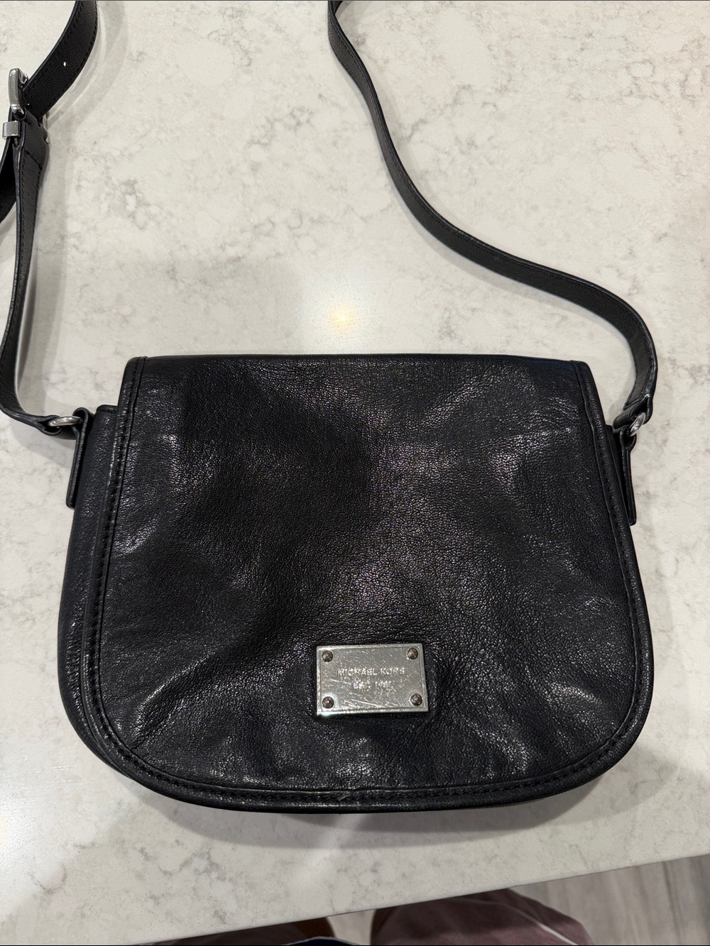 Michael Kors Black Leather Crossbody with Silver Logo Plate